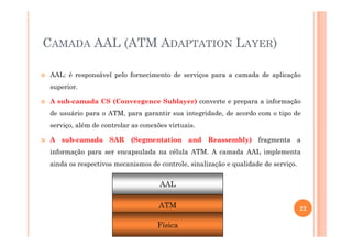 CAMADA AAL (ATM ADAPTATION LAYER)
AAL: é responsável pelo fornecimento de serviços para a camada de aplicação
superior.
A sub-camada CS (Convergence Sublayer) converte e prepara a informação
de usuário para o ATM, para garantir sua integridade, de acordo com o tipo de
serviço, além de controlar as conexões virtuais.serviço, além de controlar as conexões virtuais.
A sub-camada SAR (Segmentation and Reassembly) fragmenta a
informação para ser encapsulada na célula ATM. A camada AAL implementa
ainda os respectivos mecanismos de controle, sinalização e qualidade de serviço.
ATM
Física
AAL
22
 