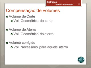 Estradas
Aula 08 - Terraplenagem 20
Compensação de volumes
 Volume de Corte
 Vol. Geométrico do corte
 Volume de Aterro
 Vol. Geométrico do aterro
 Volume corrigido
 Vol. Necessário para aquele aterro
 