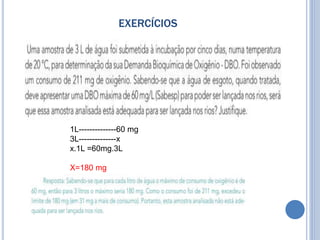 EXERCÍCIOS
1L--------------60 mg
3L--------------x
x.1L =60mg.3L
X=180 mg
 