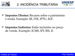 Análise de Tributos Prof. Hamilton
 Impostos Diretos: Recaem sobre o patrimônio
e renda. Exemplo: IR, ITR, IPTU, IGF.
 Impostos Indiretos: Estão incluídos no preço
de venda. Exemplo: ICMS, IPI, ISS, II.
2. INCIDÊNCIA TRIBUTÁRIA
 