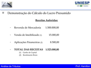 Análise de Tributos Prof. Hamilton
 Demonstração do Cálculo do Lucro Presumido
Receitas Auferidas:
- Revenda de Mercadoria 1.500.000,00
- Venda de Imobilizado (1) 15.000,00
- Aplicações Financeiras (2) 8.500,00
- TOTAL DAS RECEITAS 1.523.000,00
(1) Ganho de Capital
(2) Rendimento Bruto
 