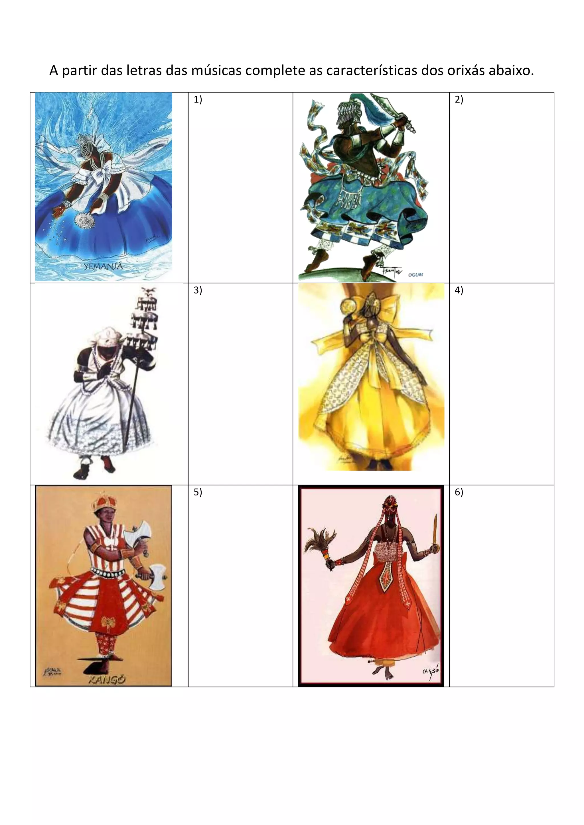 A partir das letras das músicas complete as características dos orixás abaixo.
                       1)                                        2)




                       3)                                        4)




                       5)                                        6)
 