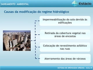 SISTEMA DE DRENAGEM URBANA – AULA 8
SANEAMENTO AMBIENTAL
Impermeabilização do solo devido às
edificações
Retirada da cobertura vegetal nas
áreas de encostas
Colocação de revestimento asfáltico
nas ruas
Aterramento das áreas de várzeas
Causas da modificação do regime hidrológico
 