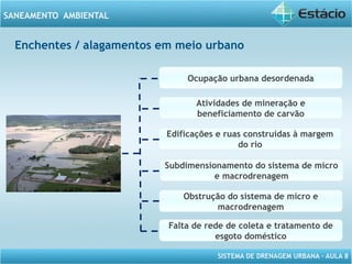 SISTEMA DE DRENAGEM URBANA – AULA 8
SANEAMENTO AMBIENTAL
Enchentes / alagamentos em meio urbano
Ocupação urbana desordenada
Atividades de mineração e
beneficiamento de carvão
Edificações e ruas construídas à margem
do rio
Subdimensionamento do sistema de micro
e macrodrenagem
Obstrução do sistema de micro e
macrodrenagem
Falta de rede de coleta e tratamento de
esgoto doméstico
 