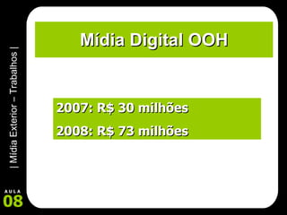 Mídia Digital OOH 2007: R$ 30 milhões 2008: R$ 73 milhões 