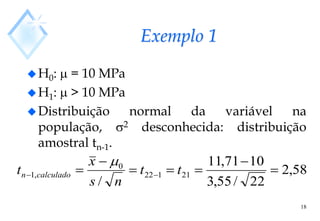 Exemplo 1
H0:  = 10 MPa
H1:  > 10 MPa
Distribuição normal da variável na
população, 2 desconhecida: distribuição
amostral tn-1.
18
58
,
2
22
/
55
,
3
10
71
,
11
/
21
1
22
0
,
1 





 
 t
t
n
s
x
t calculado
n

 