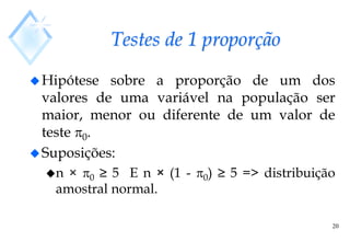 20
Testes de 1 proporção
Hipótese sobre a proporção de um dos
valores de uma variável na população ser
maior, menor ou diferente de um valor de
teste 0.
Suposições:
n × 0 ≥ 5 E n × (1 - 0) ≥ 5 => distribuição
amostral normal.
 