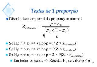 21
Testes de 1 proporção
 Distribuição amostral da proporção: normal.
n
p
Zcalculado
)
1
( 0
0
0







 Se H1:  > 0 => valor-p = P(Z > zcalculado)
 Se H1:  < 0 => valor-p = P(Z < zcalculado)
 Se H1:  ≠ 0 => valor-p = 2 × P(Z > |zcalculado|)
 Em todos os casos => Rejeitar H0 se valor-p < α
 