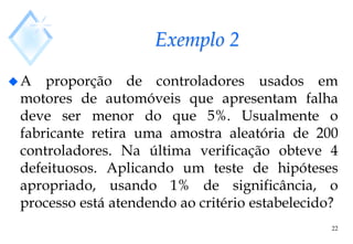 Exemplo 2
A proporção de controladores usados em
motores de automóveis que apresentam falha
deve ser menor do que 5%. Usualmente o
fabricante retira uma amostra aleatória de 200
controladores. Na última verificação obteve 4
defeituosos. Aplicando um teste de hipóteses
apropriado, usando 1% de significância, o
processo está atendendo ao critério estabelecido?
22
 