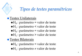6
Tipos de testes paramétricos
Testes Unilaterais
H0 : parâmetro = valor de teste
H1 : parâmetro < valor de teste
H0 : parâmetro = valor de teste
H1 : parâmetro > valor de teste
Testes Bilaterais
H0 : parâmetro = valor de teste
H1 : parâmetro  valor de teste
 