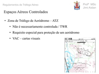 Profº MSc
Jimi Aislan
Regulamentos de Tráfego Aéreo
Espaços Aéreos Controlados
• Zona de Tráfego de Aeródromo – ATZ
• Não é necessariamente controlada / TWR
• Requisito especial para proteção de um aeródromo
• VAC – cartas visuais
 