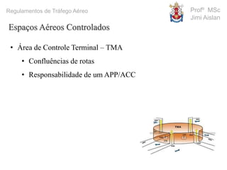 Profº MSc
Jimi Aislan
Regulamentos de Tráfego Aéreo
Espaços Aéreos Controlados
• Área de Controle Terminal – TMA
• Confluências de rotas
• Responsabilidade de um APP/ACC
 