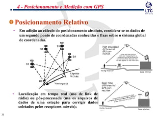 3131
Posicionamento Relativo
• Em adição ao cálculo do posicionamento absoluto, considera-se os dados de
um segundo ponto de coordenadas conhecidas e fixas sobre o sistema global
de coordenadas.
• Localização em tempo real (uso de link de
rádio) ou pós-processada (usa os arquivos de
dados de uma estação para corrigir dados
coletados pelos receptores móveis);
4 - Posicionamento e Medição com GPS
 