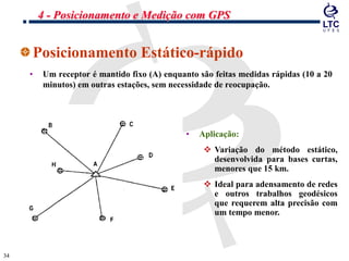 3434
Posicionamento Estático-rápido
• Um receptor é mantido fixo (A) enquanto são feitas medidas rápidas (10 a 20
minutos) em outras estações, sem necessidade de reocupação.
• Aplicação:
 Variação do método estático,
desenvolvida para bases curtas,
menores que 15 km.
 Ideal para adensamento de redes
e outros trabalhos geodésicos
que requerem alta precisão com
um tempo menor.
4 - Posicionamento e Medição com GPS
 