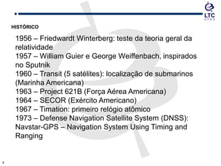 44
1956 – Friedwardt Winterberg: teste da teoria geral da
relatividade
1957 – William Guier e George Weiffenbach, inspirados
no Sputnik
1960 – Transit (5 satélites): localização de submarinos
(Marinha Americana)
1963 – Project 621B (Força Aérea Americana)
1964 – SECOR (Exército Americano)
1967 – Timation: primeiro relógio atômico
1973 – Defense Navigation Satellite System (DNSS):
Navstar-GPS – Navigation System Using Timing and
Ranging
HISTÓRICO
 