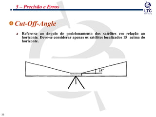 5353
Cut-Off-Angle
Refere-se ao ângulo de posicionamento dos satélites em relação ao
horizonte. Deve-se considerar apenas os satélites localizados 15 acima do
horizonte.
5 – Precisão e Erros
 