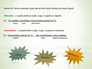 Vamos lá? Vamos aprender quais são as três vozes verbais de nossa língua?
•Voz ativa – o sujeito pratica a ação. Logo, o sujeito é o agente.
Ex.: Os satélites possibilitam transmissões globais de TV.
Sujeito

ação

objeto direto

•Voz passiva – o sujeito sofre a ação. Logo, o sujeito é o paciente.
Ex. Transmissões globais de TV
Sujeito

Ativa

são possibilitadas pelos satélites.
ação

Passiva

agente da passiva

 