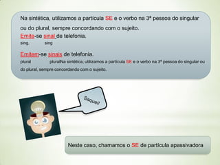 Na sintética, utilizamos a partícula SE e o verbo na 3ª pessoa do singular
ou do plural, sempre concordando com o sujeito.
Emite-se sinal de telefonia.
sing.

sing

Emitem-se sinais de telefonia.
plural

pluralNa sintética, utilizamos a partícula SE e o verbo na 3ª pessoa do singular ou

do plural, sempre concordando com o sujeito.

Neste caso, chamamos o SE de partícula apassivadora

 