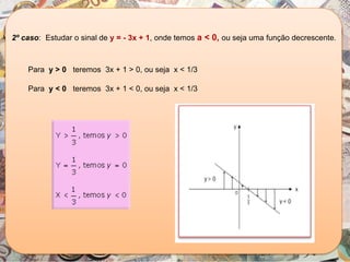 2º caso: Estudar o sinal de y = - 3x + 1, onde temos a < 0, ou seja uma função decrescente.
Para y > 0 teremos 3x + 1 > 0, ou seja x < 1/3
Para y < 0 teremos 3x + 1 < 0, ou seja x < 1/3
 