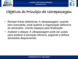 UI MARIA LENIR ARAÚJO MENESES
Educação Física
Objetivos do Princípio da Ultrapassagem
Objetivos do Princípio da Ultrapassagem
• Romper linhas defensivas: A ultrapassagem, quando
bem executada, pode quebrar a organização defensiva
do adversário, criando espaços para finalização.
• Acelerar o ataque: A ultrapassagem pode ser usada
para acelerar a transição ofensiva, pegando a defesa
adversária desprevenida.
LEONARDO DE A. DELGADO
 