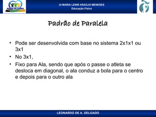 UI MARIA LENIR ARAÚJO MENESES
Educação Física
Padrão de Paralela
Padrão de Paralela
• Pode ser desenvolvida com base no sistema 2x1x1 ou
3x1
• No 3x1,
• Fixo para Ala, sendo que após o passe o atleta se
desloca em diagonal, o ala conduz a bola para o centro
e depois para o outro ala
LEONARDO DE A. DELGADO
 