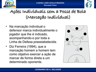 UI MARIA LENIR ARAÚJO MENESES
Educação Física
Ações Individuais sem a Posse de Bola
Ações Individuais sem a Posse de Bola
(Marcação Individual)
(Marcação Individual)
• Na marcação individual o
defensor marca individualmente o
jogador que lhe é indicado,
acompanhando-o por toda a
Linha de Defesa preestabelecida.
• Diz Ferreira (1994), que a
marcação homem a homem tem
como objetivo exercer a ação de
marcar de forma direta a um
determinado oponente.
LEONARDO DE A. DELGADO
 