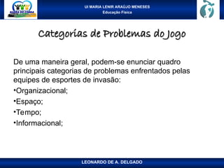 UI MARIA LENIR ARAÚJO MENESES
Educação Física
Categorias de Problemas do Jogo
Categorias de Problemas do Jogo
De uma maneira geral, podem-se enunciar quadro
principais categorias de problemas enfrentados pelas
equipes de esportes de invasão:
•Organizacional;
•Espaço;
•Tempo;
•Informacional;
LEONARDO DE A. DELGADO
 