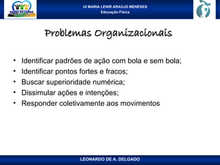UI MARIA LENIR ARAÚJO MENESES
Educação Física
Problemas Organizacionais
Problemas Organizacionais
• Identificar padrões de ação com bola e sem bola;
• Identificar pontos fortes e fracos;
• Buscar superioridade numérica;
• Dissimular ações e intenções;
• Responder coletivamente aos movimentos
LEONARDO DE A. DELGADO
 