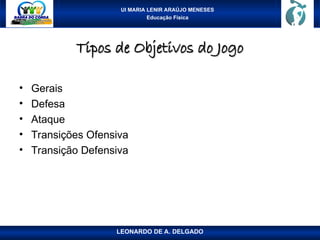 UI MARIA LENIR ARAÚJO MENESES
Educação Física
Tipos de Objetivos do Jogo
Tipos de Objetivos do Jogo
• Gerais
• Defesa
• Ataque
• Transições Ofensiva
• Transição Defensiva
LEONARDO DE A. DELGADO
 