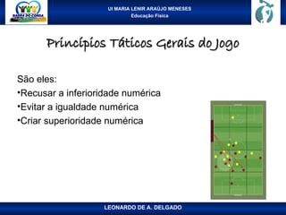 UI MARIA LENIR ARAÚJO MENESES
Educação Física
Princípios Táticos Gerais do Jogo
Princípios Táticos Gerais do Jogo
São eles:
•Recusar a inferioridade numérica
•Evitar a igualdade numérica
•Criar superioridade numérica
LEONARDO DE A. DELGADO
 