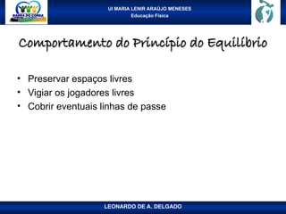 UI MARIA LENIR ARAÚJO MENESES
Educação Física
Comportamento do Princípio do Equilíbrio
Comportamento do Princípio do Equilíbrio
• Preservar espaços livres
• Vigiar os jogadores livres
• Cobrir eventuais linhas de passe
LEONARDO DE A. DELGADO
 