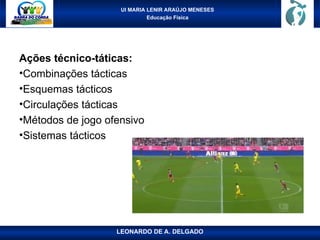 UI MARIA LENIR ARAÚJO MENESES
Educação Física
Ações técnico-táticas:
•Combinações tácticas
•Esquemas tácticos
•Circulações tácticas
•Métodos de jogo ofensivo
•Sistemas tácticos
LEONARDO DE A. DELGADO
 