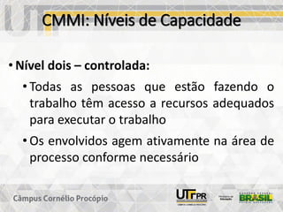 CMMI: Níveis de Capacidade
• Nível dois – controlada:
• Todas as pessoas que estão fazendo o
trabalho têm acesso a recursos adequados
para executar o trabalho
• Os envolvidos agem ativamente na área de
processo conforme necessário
 