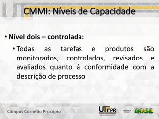 CMMI: Níveis de Capacidade
• Nível dois – controlada:
• Todas as tarefas e produtos são
monitorados, controlados, revisados e
avaliados quanto à conformidade com a
descrição de processo
 