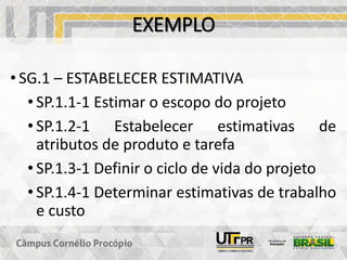 EXEMPLO
• SG.1 – ESTABELECER ESTIMATIVA
• SP.1.1-1 Estimar o escopo do projeto
• SP.1.2-1 Estabelecer estimativas de
atributos de produto e tarefa
• SP.1.3-1 Definir o ciclo de vida do projeto
• SP.1.4-1 Determinar estimativas de trabalho
e custo
 