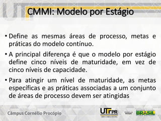 CMMI: Modelo por Estágio
• Define as mesmas áreas de processo, metas e
práticas do modelo contínuo.
• A principal diferença é que o modelo por estágio
define cinco níveis de maturidade, em vez de
cinco níveis de capacidade.
• Para atingir um nível de maturidade, as metas
específicas e as práticas associadas a um conjunto
de áreas de processo devem ser atingidas
 