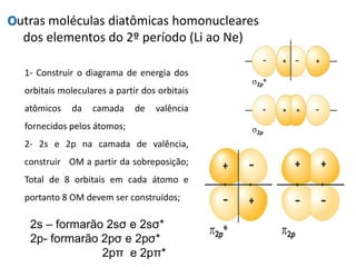 Outras moléculas diatômicas homonucleares
  dos elementos do 2º período (Li ao Ne)

  1- Construir o diagrama de energia dos
  orbitais moleculares a partir dos orbitais
  atômicos    da   camada     de   valência
  fornecidos pelos átomos;
  2- 2s e 2p na camada de valência,
  construir OM a partir da sobreposição;
  Total de 8 orbitais em cada átomo e
  portanto 8 OM devem ser construídos;

   2s – formarão 2sσ e 2sσ*
   2p- formarão 2pσ e 2pσ*
                2pπ e 2pπ*
 