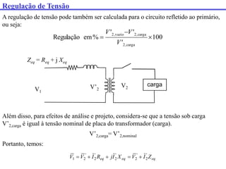 Regulação de Tensão
A regulação de tensão pode também ser calculada para o circuito refletido ao primário,
ou seja:
100
'
'
'
%
em
Regulação
carga
,
2
carga
,
2
vazio
,
2



V
V
V
V1
V2
V’2
Zeq = Req + j Xeq
Além disso, para efeitos de análise e projeto, considera-se que a tensão sob carga
V’2,carga é igual à tensão nominal de placa do transformador (carga).
V’2,carga= V’2,nominal
Portanto, temos:
eq
eq
eq Z
I
V
X
I
j
R
I
V
V '
2
'
2
'
2
'
2
'
2
1 




 