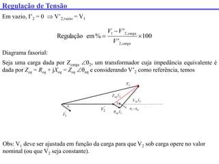Regulação de Tensão
Em vazio, I’2 = 0  V’2,vazio = V1
100
'
'
%
em
Regulação
carga
,
2
carga
,
2
1



V
V
V
Diagrama fasorial:
Seja uma carga dada por Zcarga 2, um transformador cuja impedância equivalente é
dada por Zeq = Req + jXeq = Zeq eq e considerando V’2 como referência, temos
Obs: V1 deve ser ajustada em função da carga para que V2 sob carga opere no valor
nominal (ou que V2 seja constante).
'
2
I
'
2
V
1
V
'
2
I
Req
'
2
I
Xeq
'
2
I
Zeq
2

eq

 
2
 