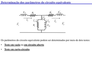 Determinação dos parâmetros do circuito equivalente
1
V
1
R
1
l
X
1
I '
2
I
'
2
V
'
2
l
X
'
2
R
c
R m
X 2
V

I
c
I m
I
Os parâmetros do circuito equivalente podem ser determinados por meio de dois testes:
• Teste em vazio ou em circuito aberto
• Teste em curto-circuito.
 