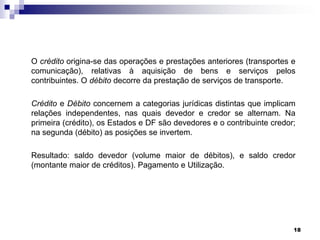 O crédito origina-se das operações e prestações anteriores (transportes e
comunicação), relativas à aquisição de bens e serviços pelos
contribuintes. O débito decorre da prestação de serviços de transporte.
Crédito e Débito concernem a categorias jurídicas distintas que implicam
relações independentes, nas quais devedor e credor se alternam. Na
primeira (crédito), os Estados e DF são devedores e o contribuinte credor;
na segunda (débito) as posições se invertem.
Resultado: saldo devedor (volume maior de débitos), e saldo credor
(montante maior de créditos). Pagamento e Utilização.

18

 