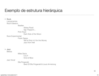 Exemplo de estrutura hierárquica
       • Rock
         Lançamentos
         Rock Clássico
                      Beatles
                               Abbey Road
                               Sgt. Pepper’s…
                       Pink Floyd
                               Dark Side of the Moon
           Rock Experimental
                       Frank Zappa
                               We’re Only in it for the Money
                               Jazz from Hell


       • Jazz
         Bebop
                                   Miles Davis
                                          E.S.P.
                                          Kind of Blue
           Jazz Vocal
                                   Ella Fitzgerald
                                            Best Of Ella Fitzgerald & Louis Armstrong


                                                                                        13

quarta-feira, 5 de outubro de 11                                                             13
 
