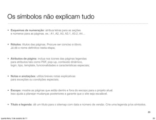 Os símbolos não explicam tudo
       • Esquemas de numeração: atribua letras para as seções
         e números para as páginas. ex.: A1, A2, A3, A3.1, A3.2, A4…


       • Rótulos: títulos das páginas. Procure ser conciso e óbvio.
         Já dê o nome deﬁnitivo nesta etapa;


       • Atributos de página: inclua nos ícones das páginas legendas
         para atributos tais como PDF, pop-up, conteúdo dinâmico,
         login, tipo, template, funcionalidades e características especiais;


       • Notas e anotações: utilize breves notas explicativas
         para exceções ou condições especiais;


       • Escopo: mostre as páginas que estão dentro e fora do escopo para o projeto atual.
         Isso ajuda a planejar mudanças posteriores e garante que o site seja escalável.


       • Título e legenda: dê um título para o sitemap com data e número de versão. Crie uma legenda p/os símbolos.

                                                                                                                      20

quarta-feira, 5 de outubro de 11                                                                                           20
 