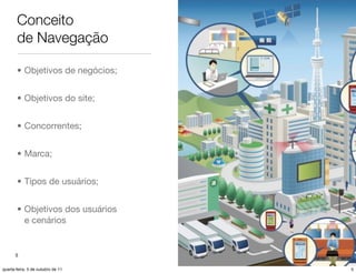 Conceito
       de Navegação

       • Objetivos de negócios;


       • Objetivos do site;


       • Concorrentes;


       • Marca;


       • Tipos de usuários;


       • Objetivos dos usuários
         e cenários


      5

quarta-feira, 5 de outubro de 11   5
 