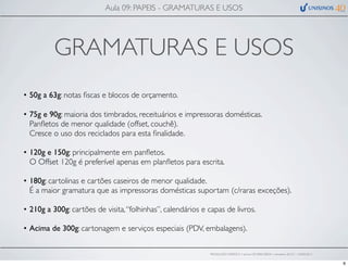 GRAMATURAS E USOS
• 50g a 63g: notas ﬁscas e blocos de orçamento.
• 75g e 90g: maioria dos timbrados, receituários e impressoras domésticas.
Panﬂetos de menor qualidade (offset, couchê).
Cresce o uso dos reciclados para esta ﬁnalidade.
• 120g e 150g: principalmente em panﬂetos.
O Offset 120g é preferível apenas em planﬂetos para escrita.
• 180g: cartolinas e cartões caseiros de menor qualidade.
É a maior gramatura que as impressoras domésticas suportam (c/raras exceções).
• 210g a 300g: cartões de visita,“folhinhas”, calendários e capas de livros.
• Acima de 300g: cartonagem e serviços especiais (PDV, embalagens).
Aula 09: PAPEIS - GRAMATURAS E USOS
PRODUÇÃO GRÁFICA • turma GR10002-00076 • semestre 2013/1 – 03/05/2013
6
 