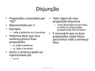 Disjunção
• Proposições conectadas por
“OU”
• Representado por ∨
• Exemplo:
– João é pedreiro ou é servente
• Podemos dizer que essa
sentença possui duas
proposições:
– p: João é pedreiro
– q: João é servente
• Assim a sentença pode ser
representada por
– p v q
• Valor lógico de uma
proposição disjuntiva
– “uma disjunção só será falsa
se todas as proposições
componentes forem falsas”
• É necessário que as duas
proposições sejam falsas
para tornar toda a sentença
falsa
Prof. Gracon Lima
 