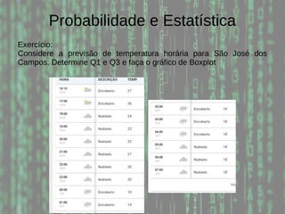 Probabilidade e Estatística
Exercício:
Considere a previsão de temperatura horária para São José dos
Campos. Determine Q1 e Q3 e faça o gráfico de Boxplot
 