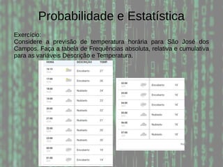 Probabilidade e Estatística
Exercício:
Considere a previsão de temperatura horária para São José dos
Campos. Faça a tabela de Frequências absoluta, relativa e cumulativa
para as variáveis Descrição e Temperatura.
 