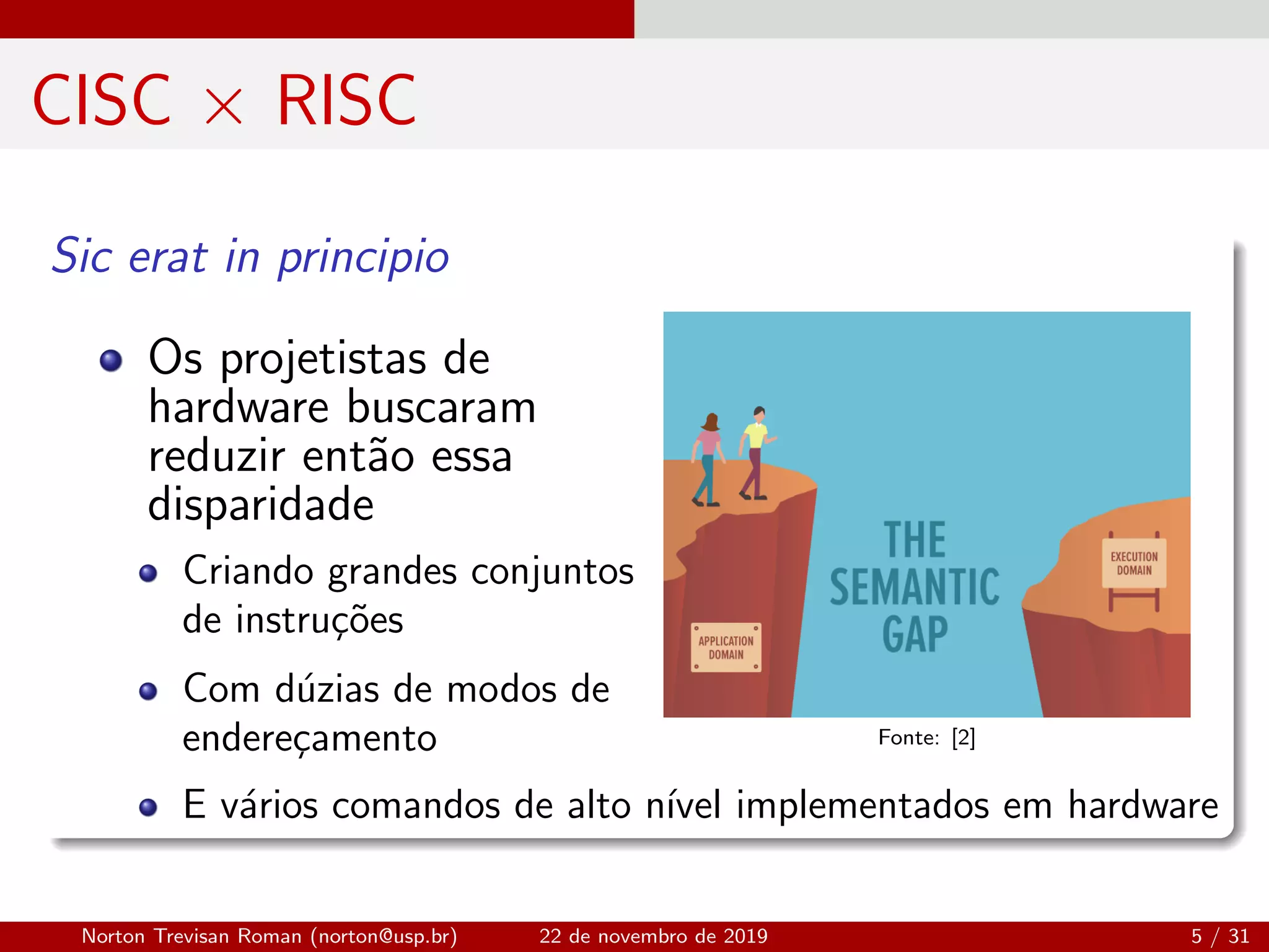 CISC × RISC
Sic erat in principio
Os projetistas de
hardware buscaram
reduzir ent˜ao essa
disparidade
Criando grandes conjuntos
de instru¸c˜oes
Com d´uzias de modos de
endere¸camento Fonte: [2]
E v´arios comandos de alto n´ıvel implementados em hardware
Norton Trevisan Roman (norton@usp.br) 22 de novembro de 2019 5 / 31
 