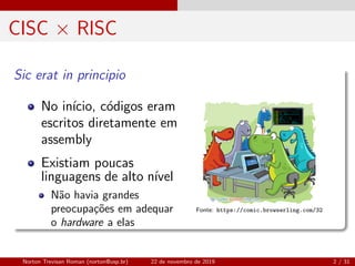 CISC × RISC
Sic erat in principio
No in´ıcio, c´odigos eram
escritos diretamente em
assembly
Existiam poucas
linguagens de alto n´ıvel
N˜ao havia grandes
preocupa¸c˜oes em adequar
o hardware a elas
Fonte: https://comic.browserling.com/32
Norton Trevisan Roman (norton@usp.br) 22 de novembro de 2019 2 / 31
 